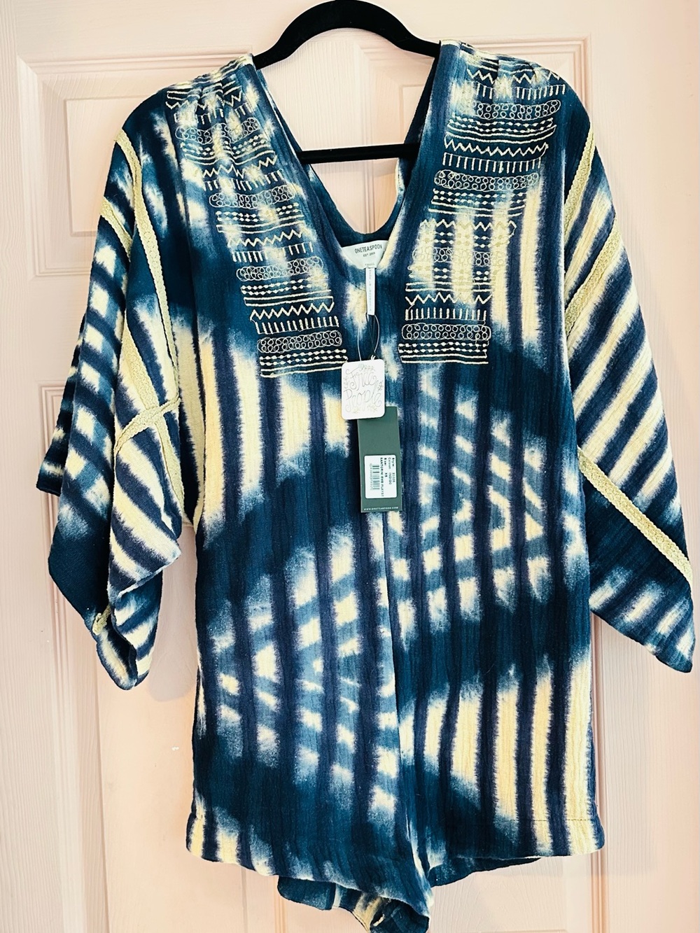 Tie-Dye Blue & Cream Romper with Embroidered Neckline